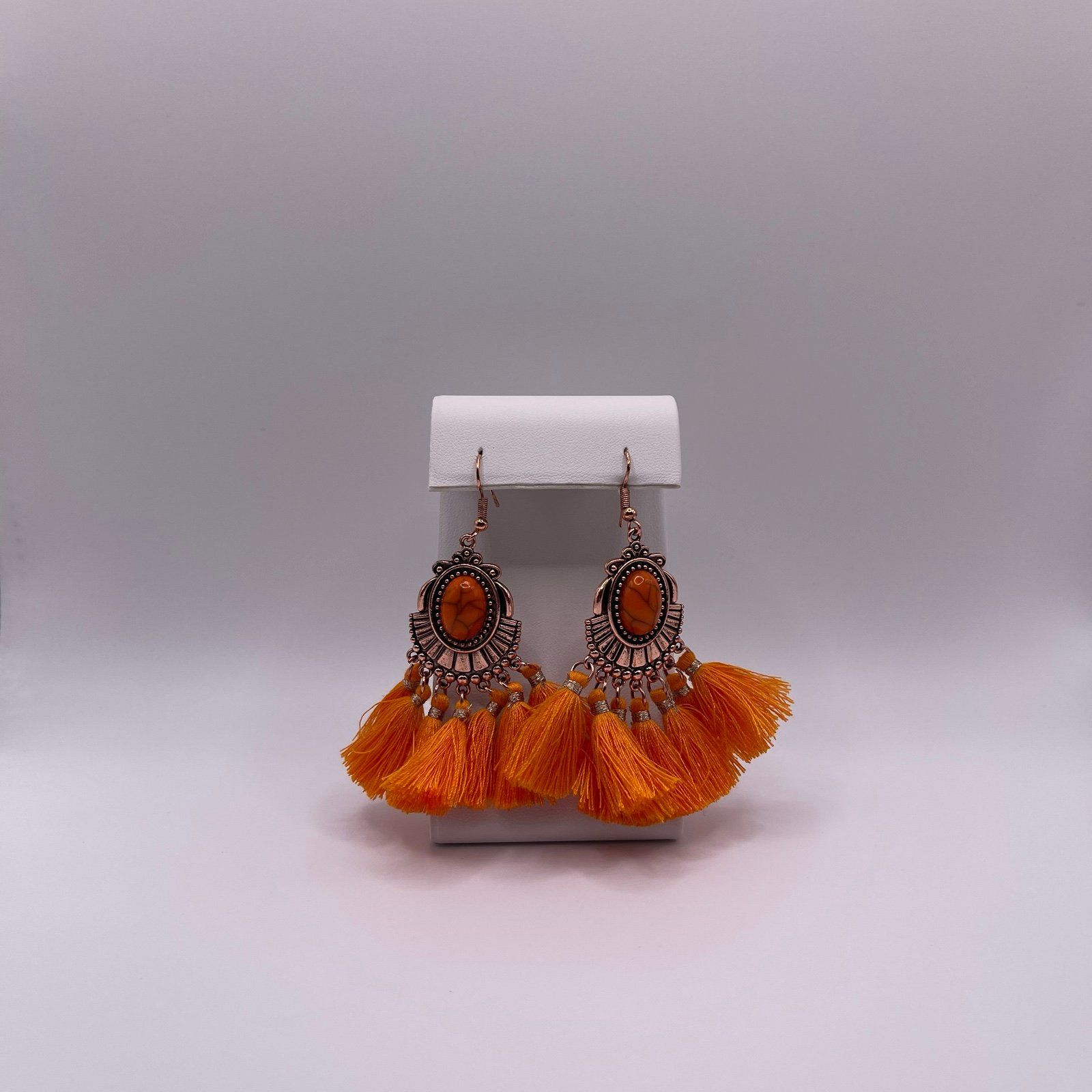 Gigi Ethnic Style Copper Plated Orange Tassle Fan Fringe Boho Statement Earrings